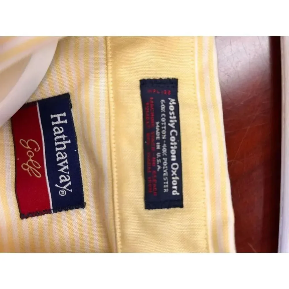 Hathaway Golf Yellow Stripe Mostly Cotton Oxford Shirt sz L NWOT